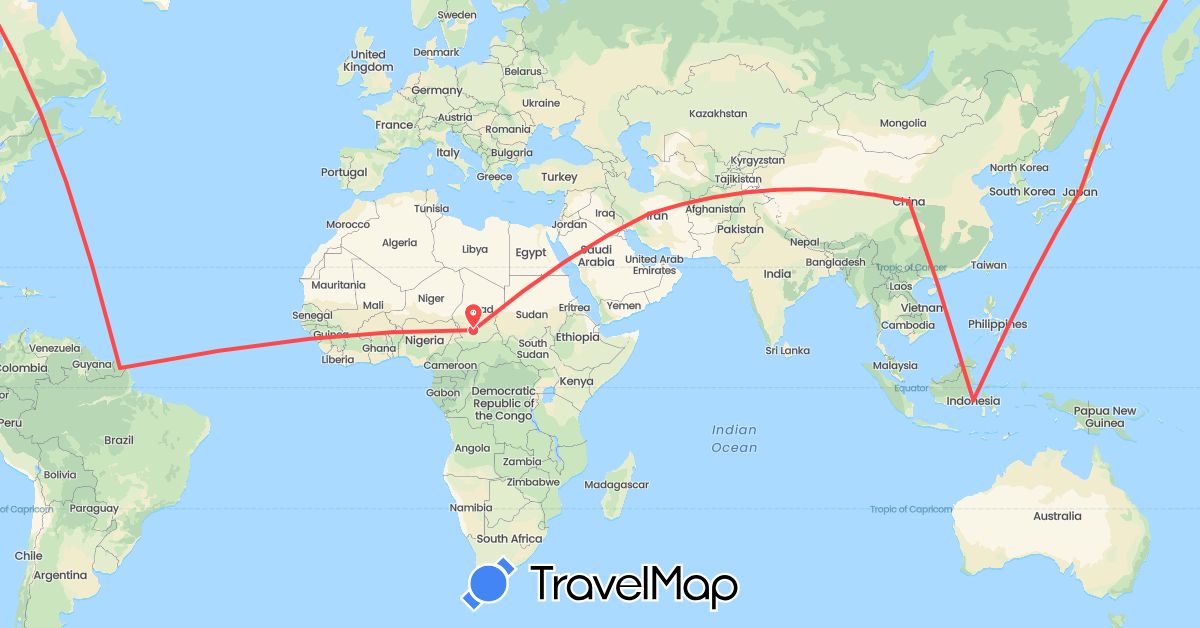 TravelMap itinerary: driving, hiking in China, France, Indonesia, Iran, Japan (Asia, Europe)